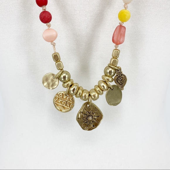 Chico’s Kira Warm Multi Bead Necklace Gold Charm Boho Statement Long Layering - Picture 2 of 7